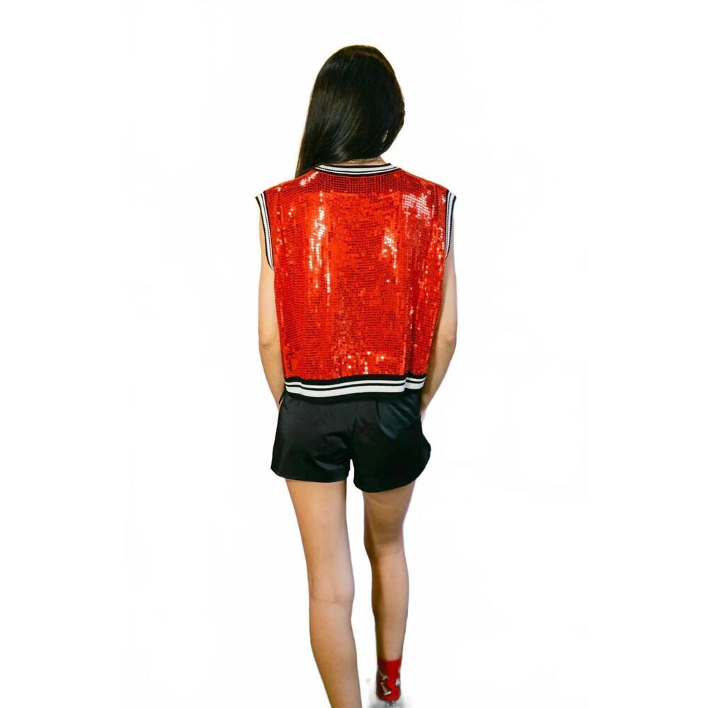 NEW QUEEN OF SPARKLES full sequin sweater tank with bulldog head in red - Picture 5 of 6